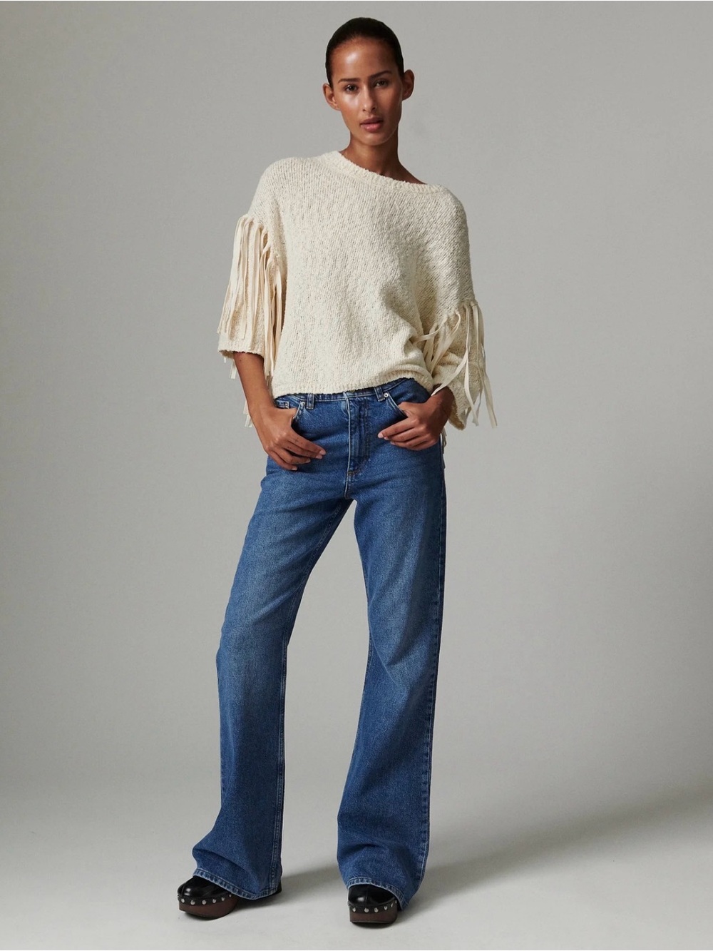 Day Birger Cream cotton blend Fringe Knit Sweater Women's Relaxed Pullover S - Picture 4 of 6